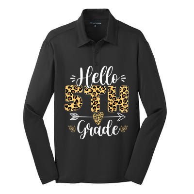 Hello 5th Fifth Grade Leopard Teacher Back To School Silk Touch Performance Long Sleeve Polo