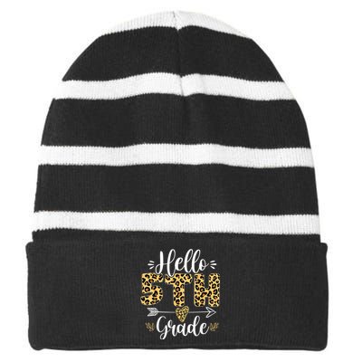 Hello 5th Fifth Grade Leopard Teacher Back To School Striped Beanie with Solid Band