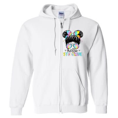 Hello 5th Grade Messy Hair Bun Back To School First Day Full Zip Hoodie