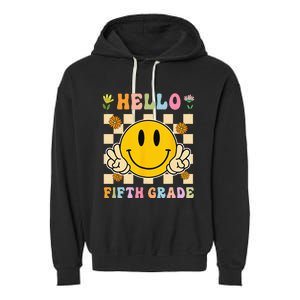 Hello 5th Grade Hippie Smile Face Fifth Grade Back To School Garment-Dyed Fleece Hoodie