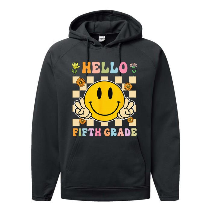 Hello 5th Grade Hippie Smile Face Fifth Grade Back To School Performance Fleece Hoodie