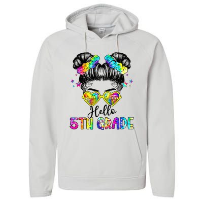 Hello 5th Grade Messy Hair Bun Back To School First Day Performance Fleece Hoodie