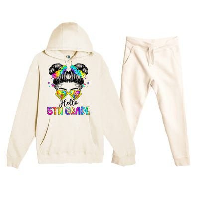 Hello 5th Grade Messy Hair Bun Back To School First Day Premium Hooded Sweatsuit Set