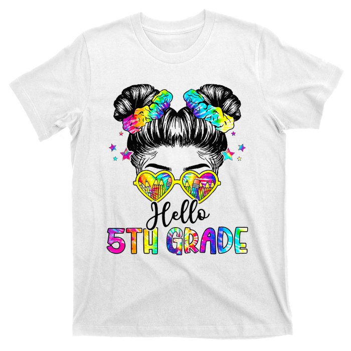 Hello 5th Grade Messy Hair Bun Back To School First Day T-Shirt