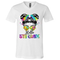 Hello 5th Grade Messy Hair Bun Back To School First Day V-Neck T-Shirt