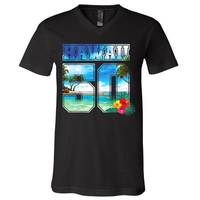 Hawaii 50th State Hawaii Hibiscus 50 V-Neck T-Shirt