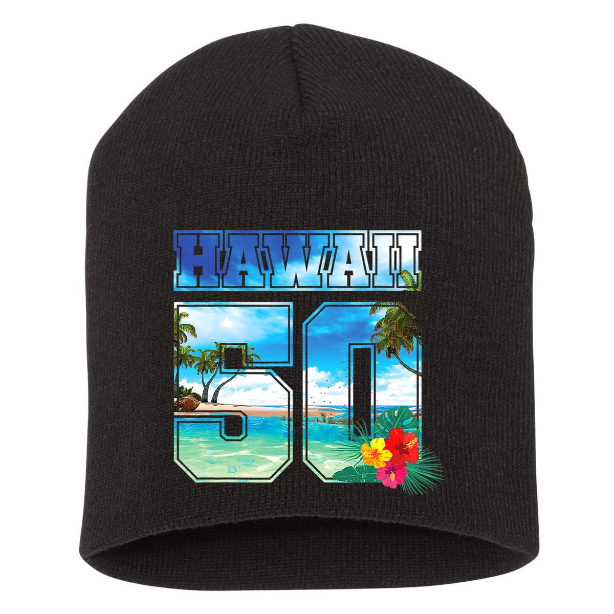 Hawaii 50th State Hawaii Hibiscus 50 Short Acrylic Beanie