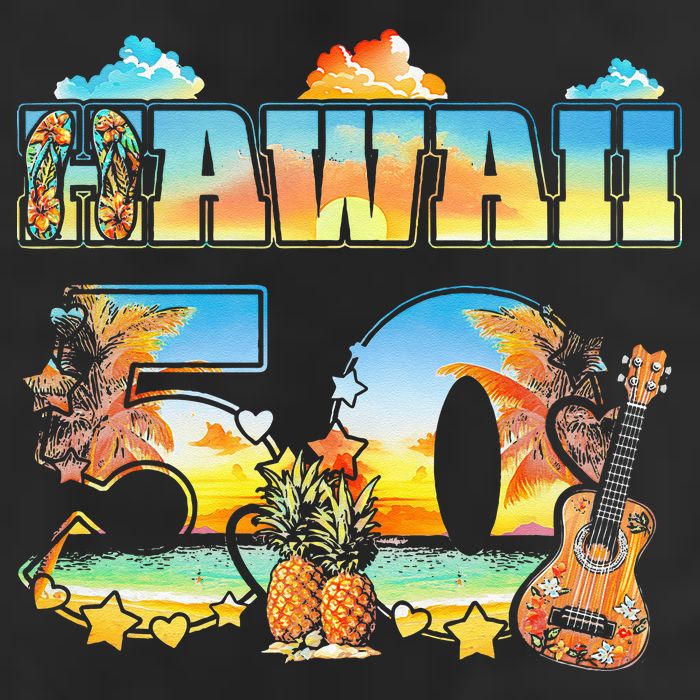 Hawaii 50Th State Hawaiian Beach Hibiscus 50 Maui Sunset 7 Panel Mesh Trucker Snapback Hat