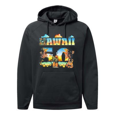 Hawaii 50Th State Hawaiian Beach Hibiscus 50 Maui Sunset Performance Fleece Hoodie