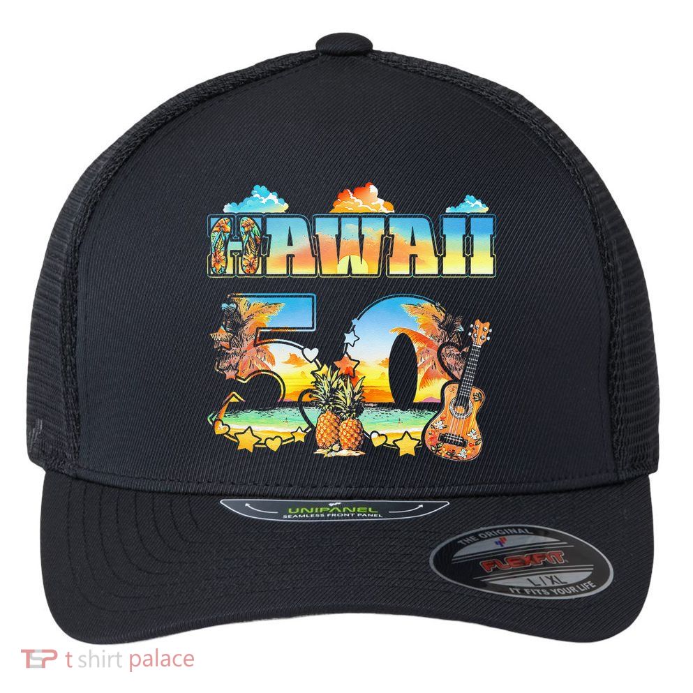 Hawaii 50Th State Hawaiian Beach Hibiscus 50 Maui Sunset Flexfit Unipanel Trucker Cap