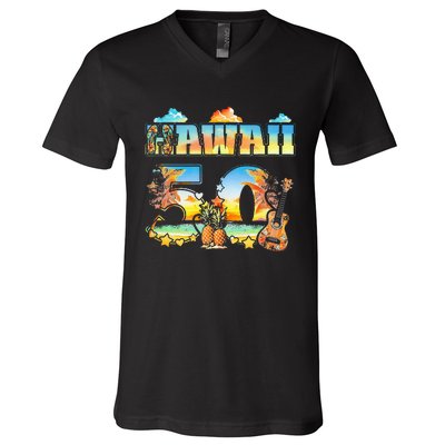 Hawaii 50Th State Hawaiian Beach Hibiscus 50 Maui Sunset V-Neck T-Shirt