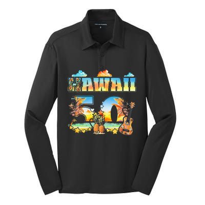 Hawaii 50Th State Hawaiian Beach Hibiscus 50 Maui Sunset Silk Touch Performance Long Sleeve Polo