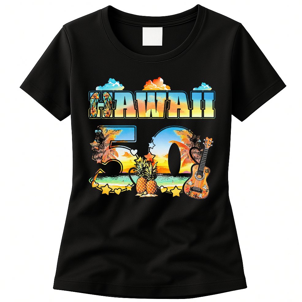 Hawaii 50Th State Hawaiian Beach Hibiscus 50 Maui Sunset Womens T-Shirt