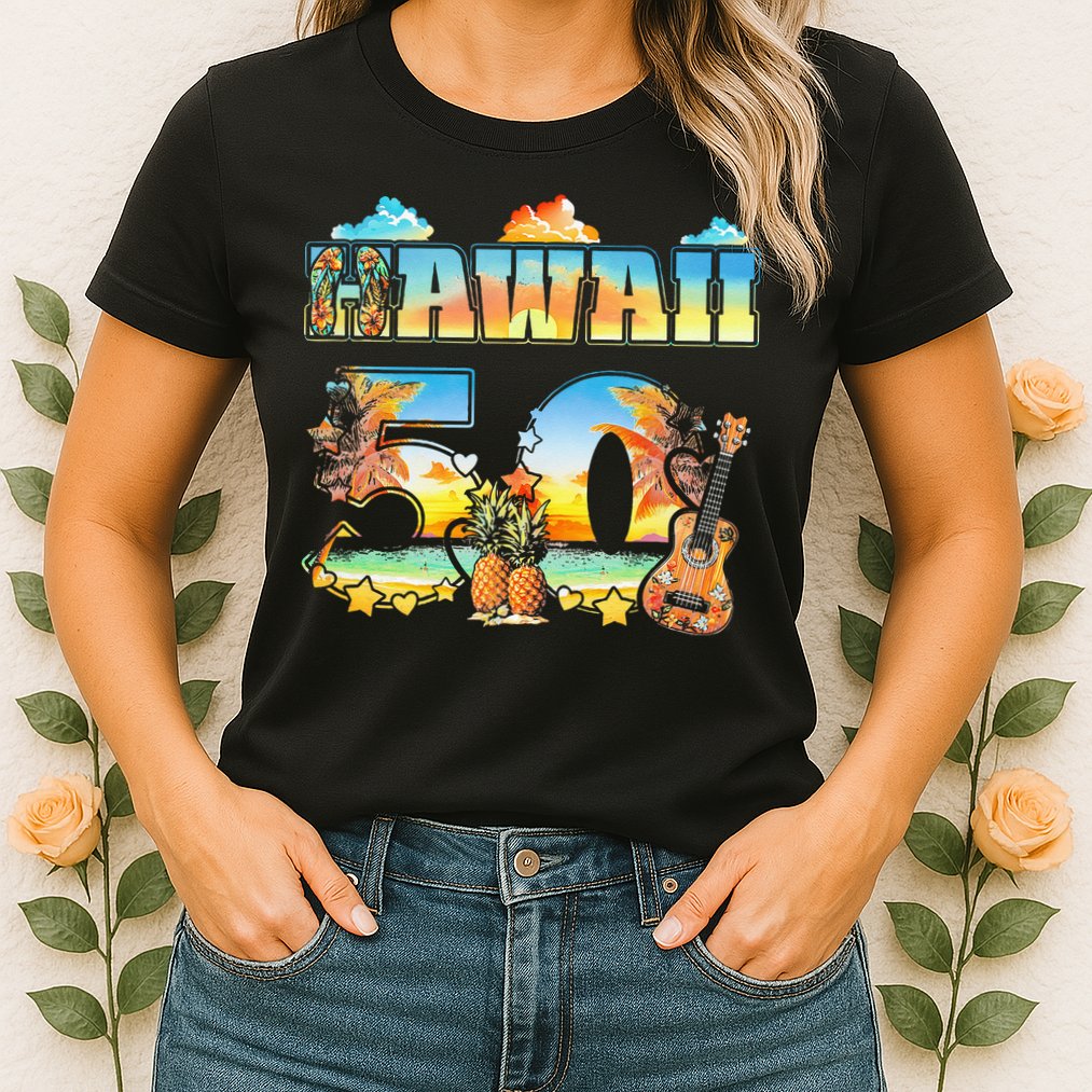 Hawaii 50Th State Hawaiian Beach Hibiscus 50 Maui Sunset Womens T-Shirt