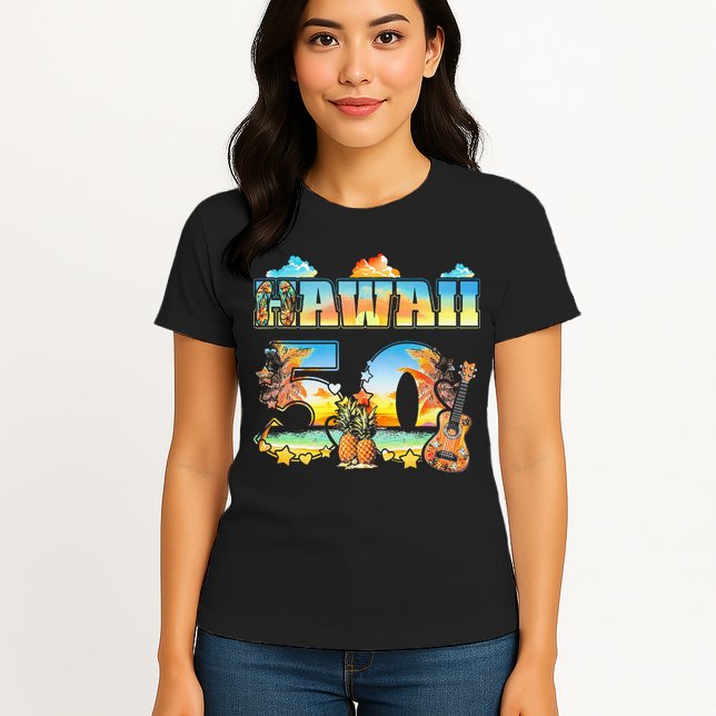 Hawaii 50Th State Hawaiian Beach Hibiscus 50 Maui Sunset Womens T-Shirt