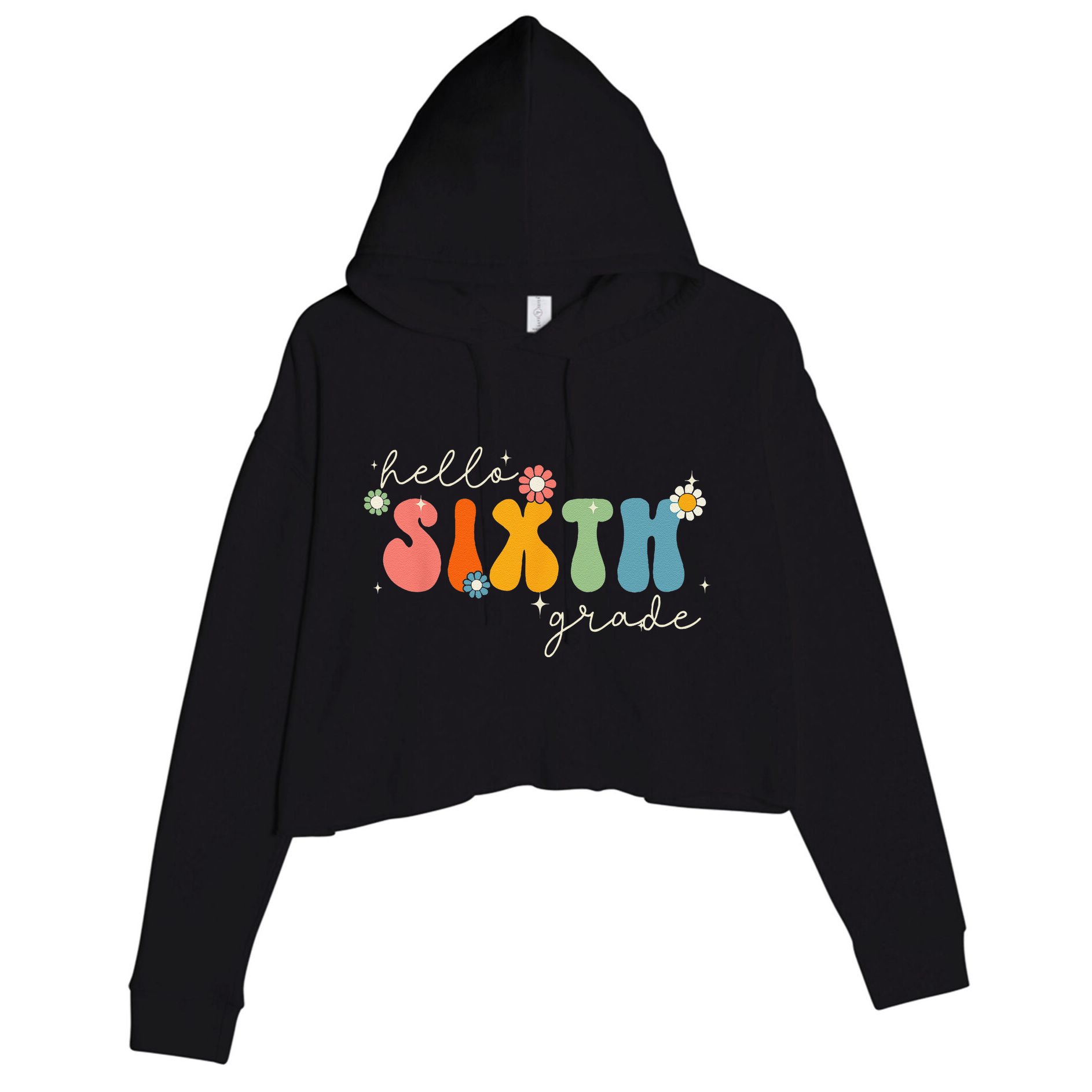 Hello 6th Grade Retro Groovy Back To School Teacher Crop Fleece Hoodie