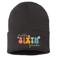 Hello 6th Grade Retro Groovy Back To School Teacher Sustainable Knit Beanie