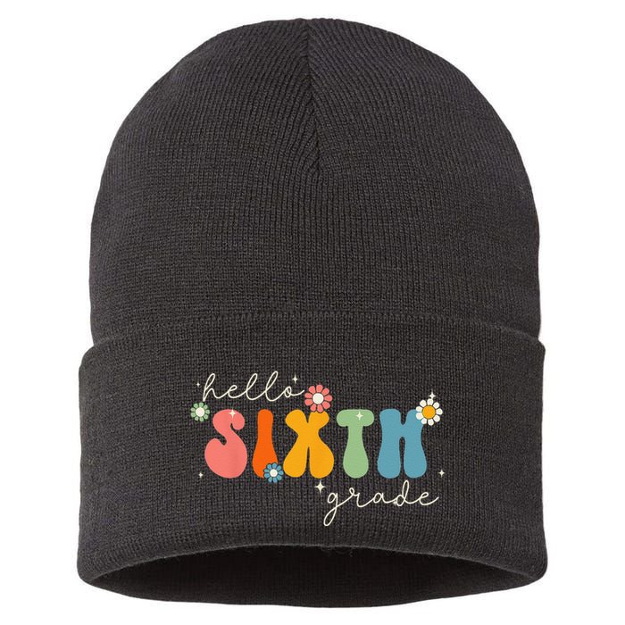 Hello 6th Grade Retro Groovy Back To School Teacher Sustainable Knit Beanie