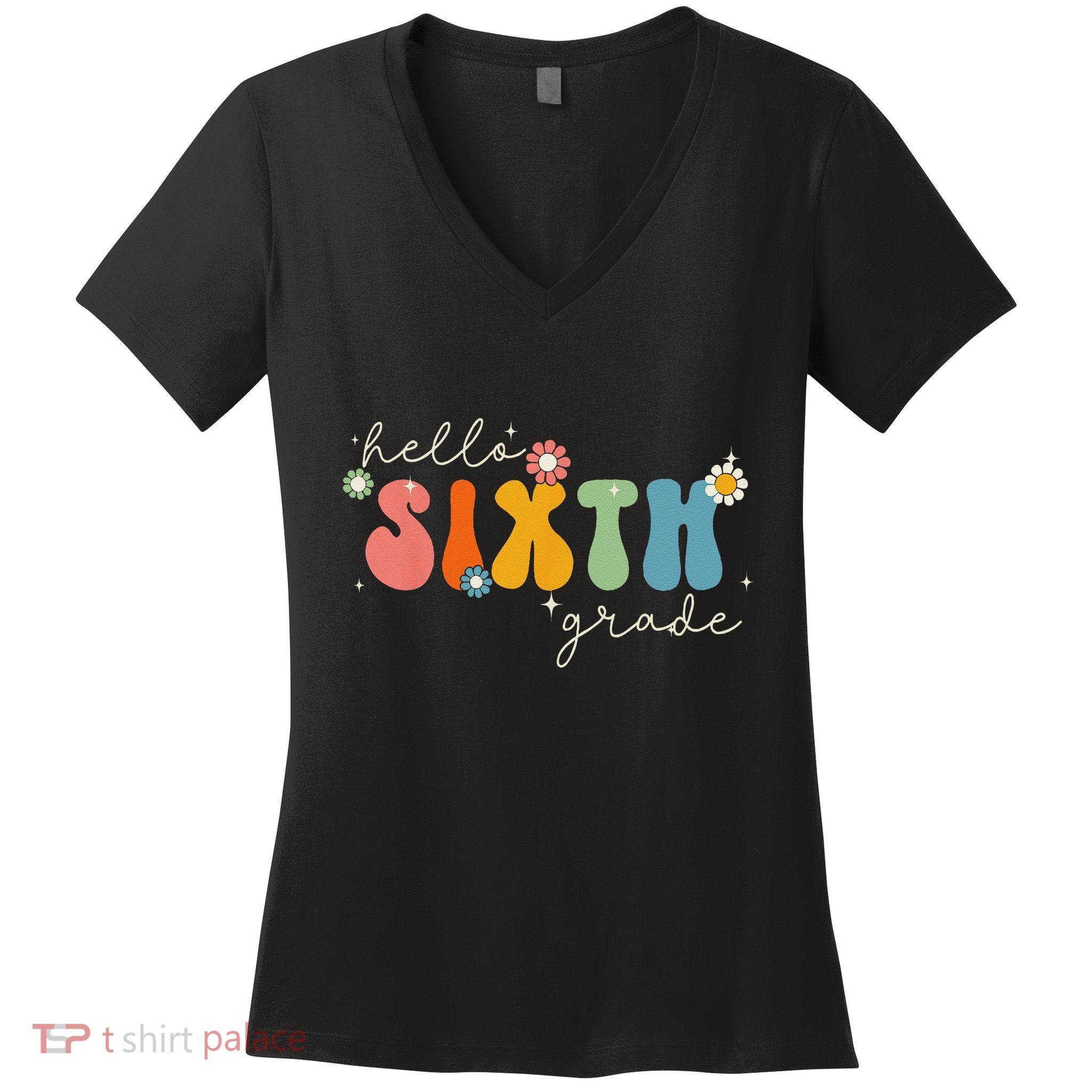 Hello 6th Grade Retro Groovy Back To School Teacher Women's V-Neck T-Shirt