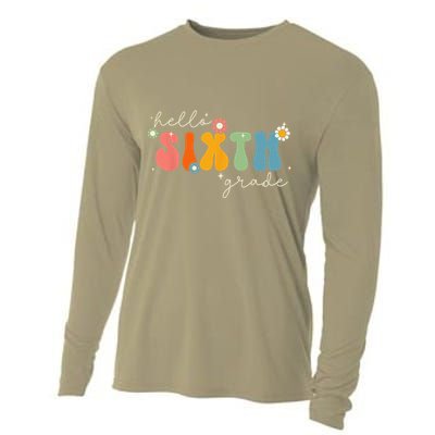 Hello 6th Grade Retro Groovy Back To School Teacher Cooling Performance Long Sleeve Crew
