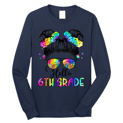 Hello 6th Grade Messy Hair Bun Girl Back To School First Day Long Sleeve Shirt