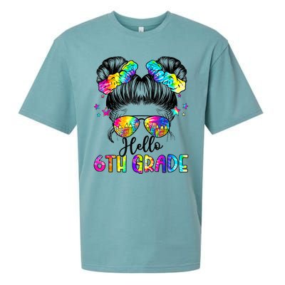 Hello 6th Grade Messy Hair Bun Girl Back To School First Day Sueded Cloud Jersey T-Shirt