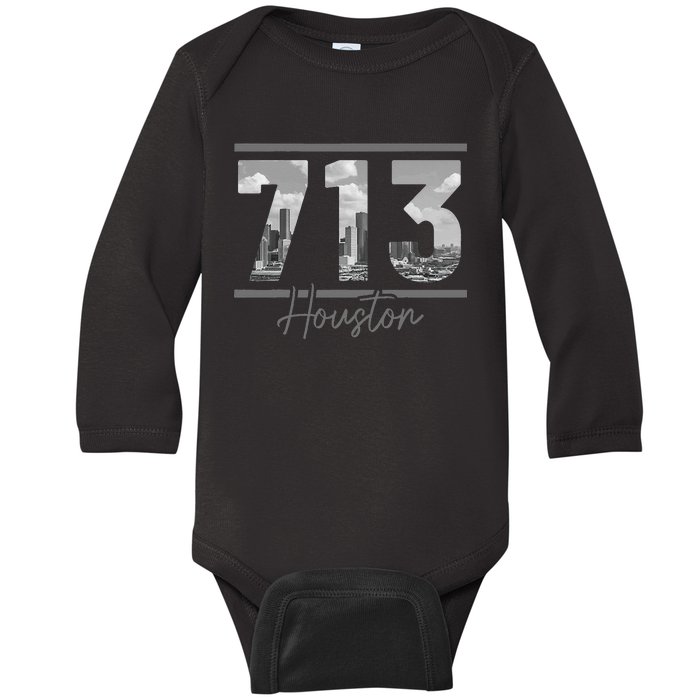 Houston 713 Area Code Skyline Texas Pride Vintage Baby Long Sleeve Bodysuit