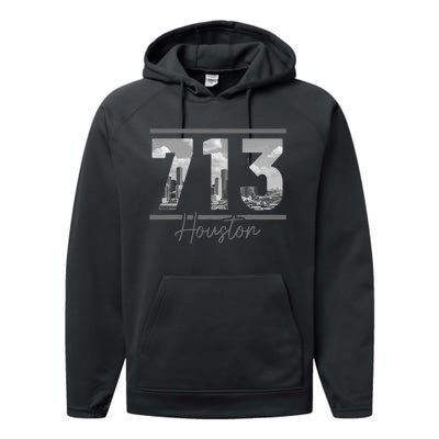 Houston 713 Area Code Skyline Texas Pride Vintage Performance Fleece Hoodie