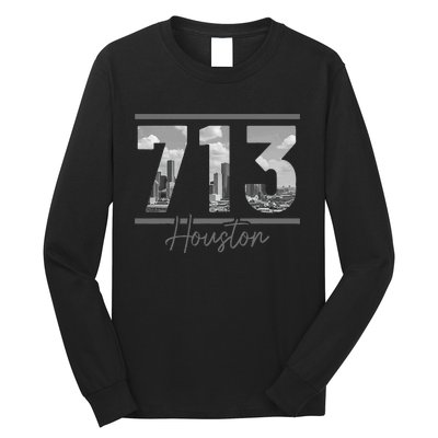 Houston 713 Area Code Skyline Texas Pride Vintage Long Sleeve Shirt