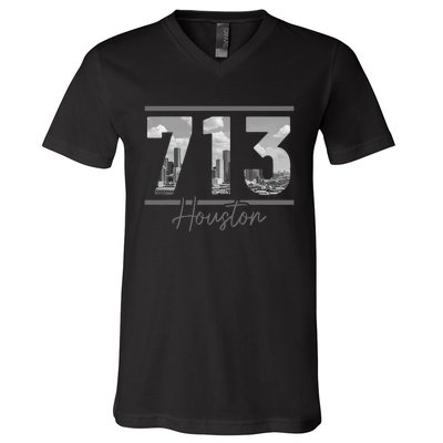 Houston 713 Area Code Skyline Texas Pride Vintage V-Neck T-Shirt