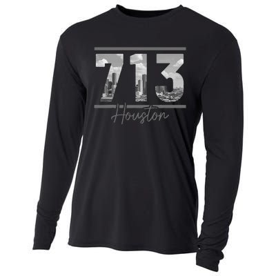 Houston 713 Area Code Skyline Texas Pride Vintage Cooling Performance Long Sleeve Crew