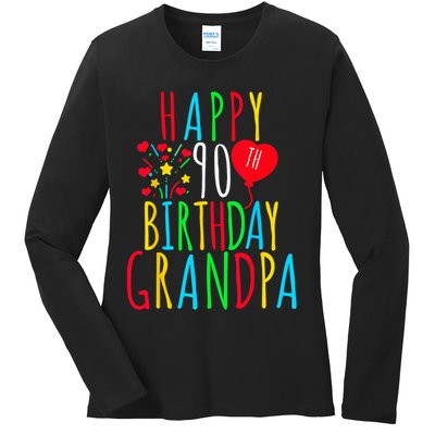 Happy 90th Birthday Grandpa Birthday 90 Years Old Grandpa Ladies Long Sleeve Shirt