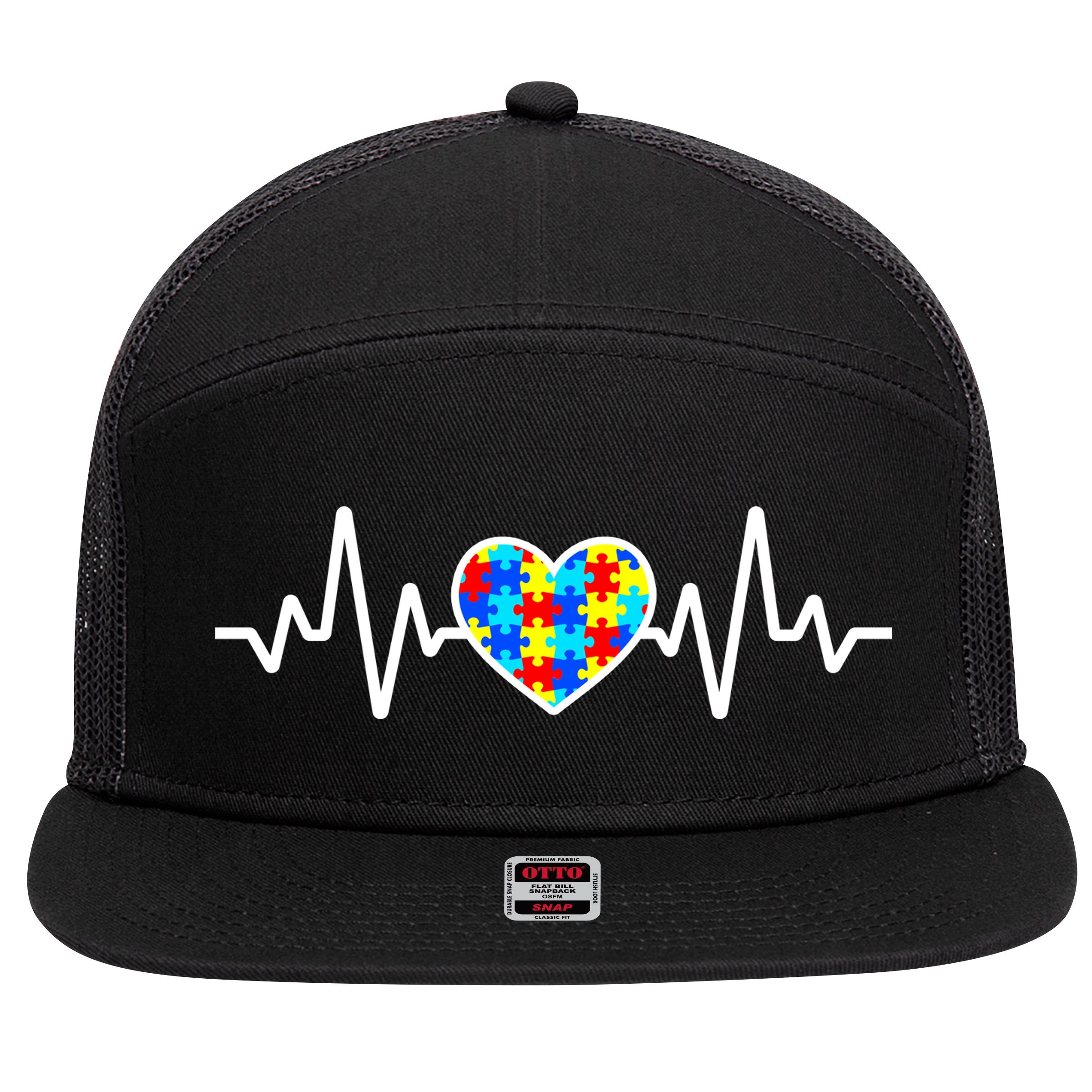 Heartbeat Autism Awareness Heart 7 Panel Mesh Trucker Snapback Hat