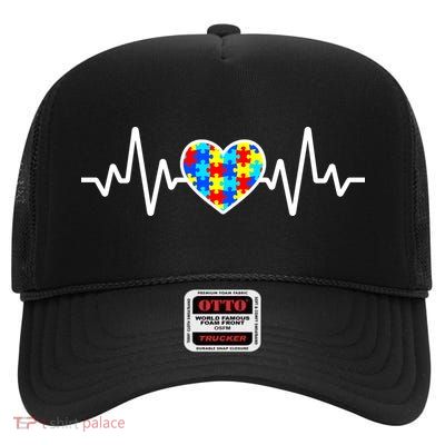 Heartbeat Autism Awareness Heart High Crown Mesh Back Trucker Hat