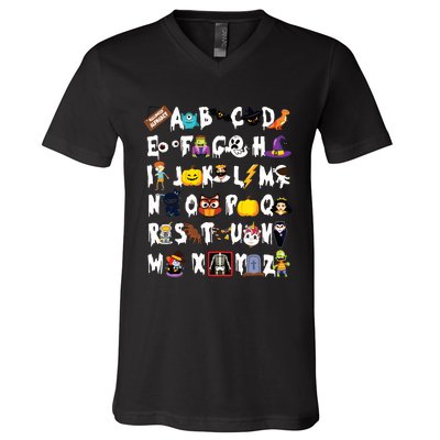 Halloween Alphabet Abcs Learning Kindergarten Teacher V-Neck T-Shirt