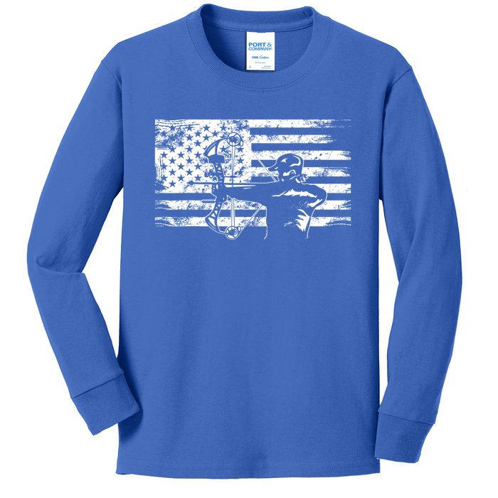 Hunting Archer American Flag Bowhunting Hunter Gift Kids Long Sleeve Shirt