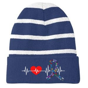 Heartbeat All Cancer Matters Awareness Day Warrior Striped Beanie with Solid Band