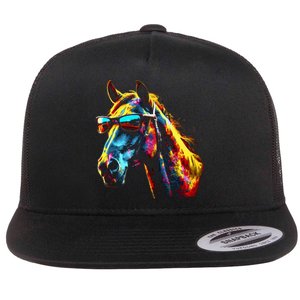 Horse Artwork Colourful Sunglasses Animal Horse Flat Bill Trucker Hat