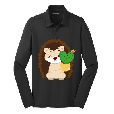 Hedgehog And Cactus Love Heart Cute Valentines Day Gift Silk Touch Performance Long Sleeve Polo