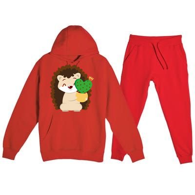 Hedgehog And Cactus Love Heart Cute Valentines Day Gift Premium Hooded Sweatsuit Set