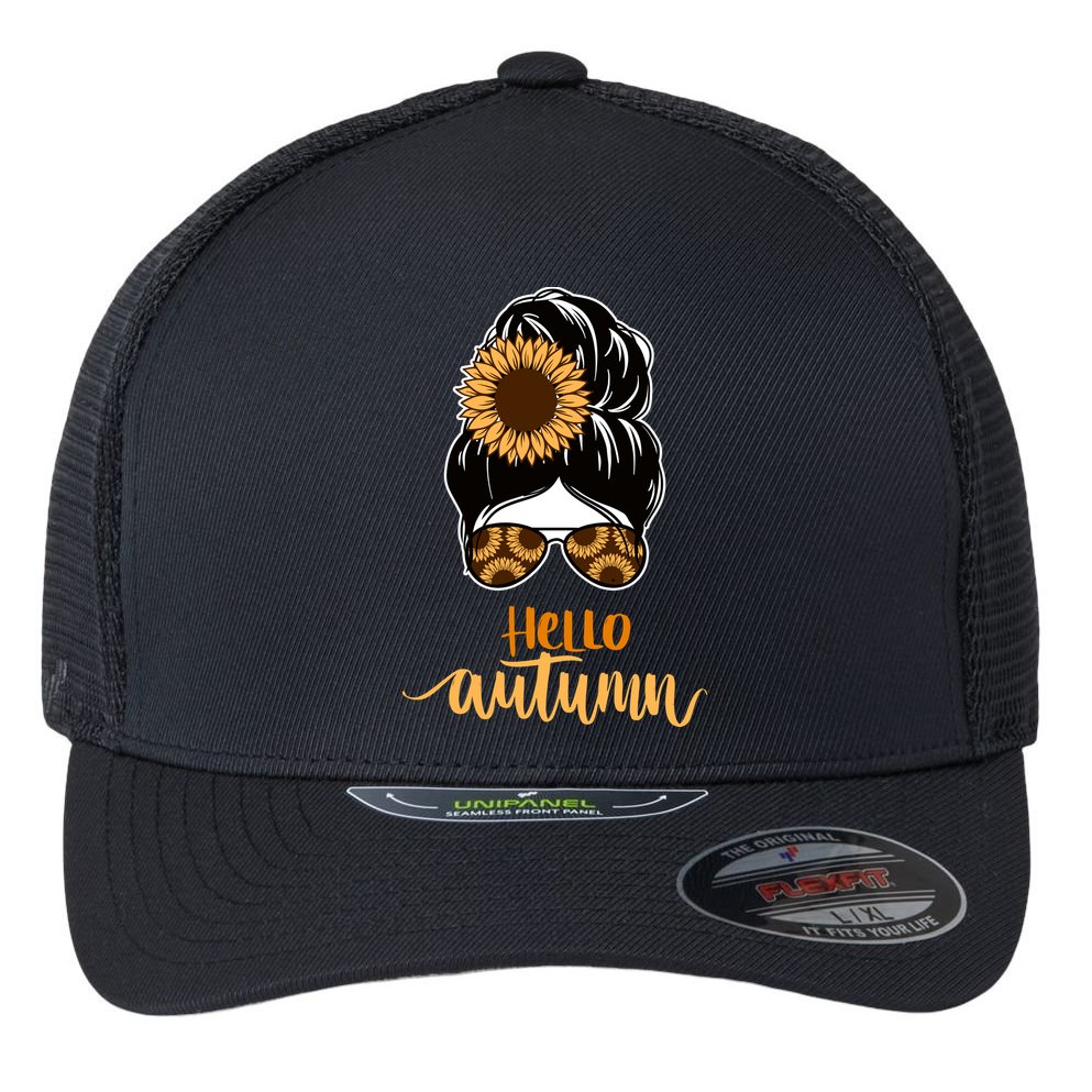 Hello Autumn Cute Bun Fall Floral Flexfit Unipanel Trucker Cap