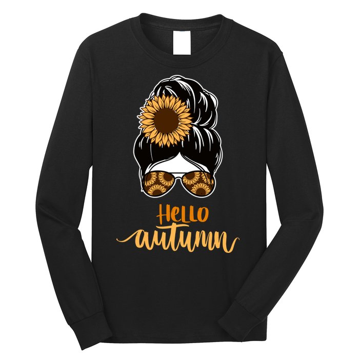 Hello Autumn Cute Bun Fall Floral Long Sleeve Shirt