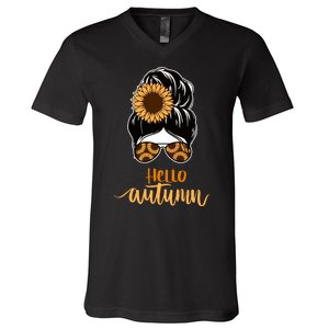 Hello Autumn Cute Bun Fall Floral V-Neck T-Shirt