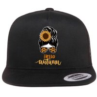 Hello Autumn Cute Bun Fall Floral Flat Bill Trucker Hat