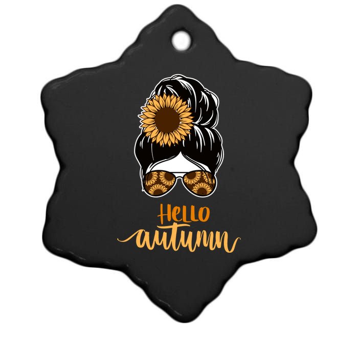 Hello Autumn Cute Bun Fall Floral Ceramic Star Ornament