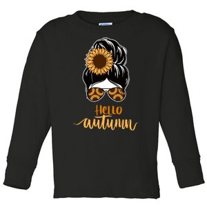 Hello Autumn Cute Bun Fall Floral Toddler Long Sleeve Shirt