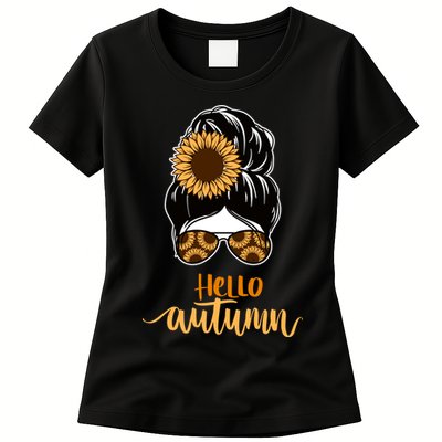 Hello Autumn Cute Bun Fall Floral Womens T-Shirt