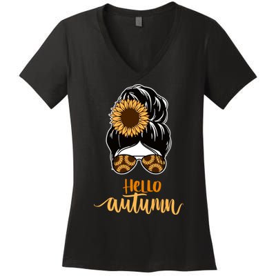 Hello Autumn Cute Bun Fall Floral Women's V-Neck T-Shirt