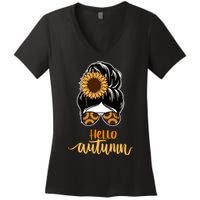 Hello Autumn Cute Bun Fall Floral Women's V-Neck T-Shirt
