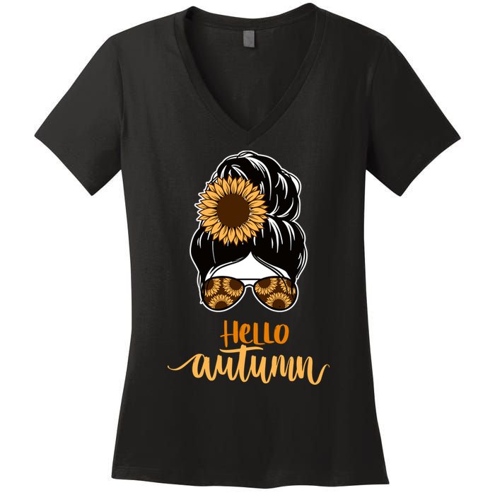 Hello Autumn Cute Bun Fall Floral Women's V-Neck T-Shirt